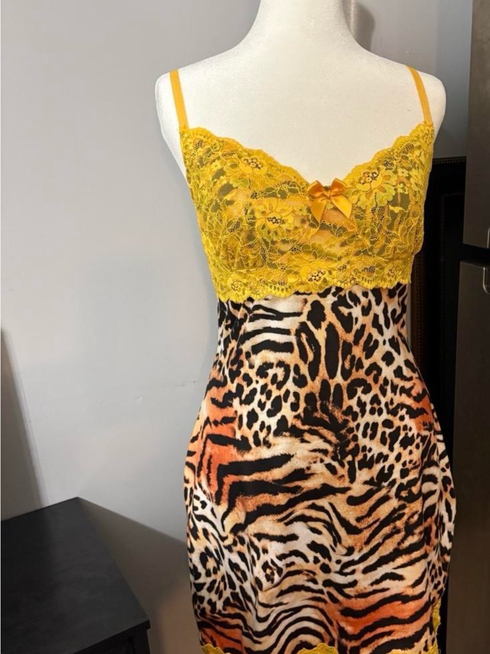 Yellow Lace & Animal Print Slip Dress